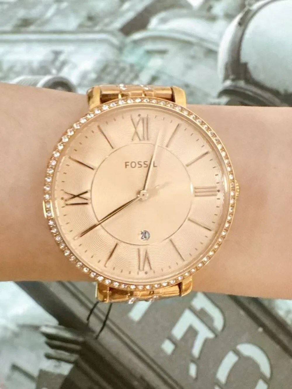 Fossil Jacqueline Rose Gold Crystal Bracelet Date Watch ES3546